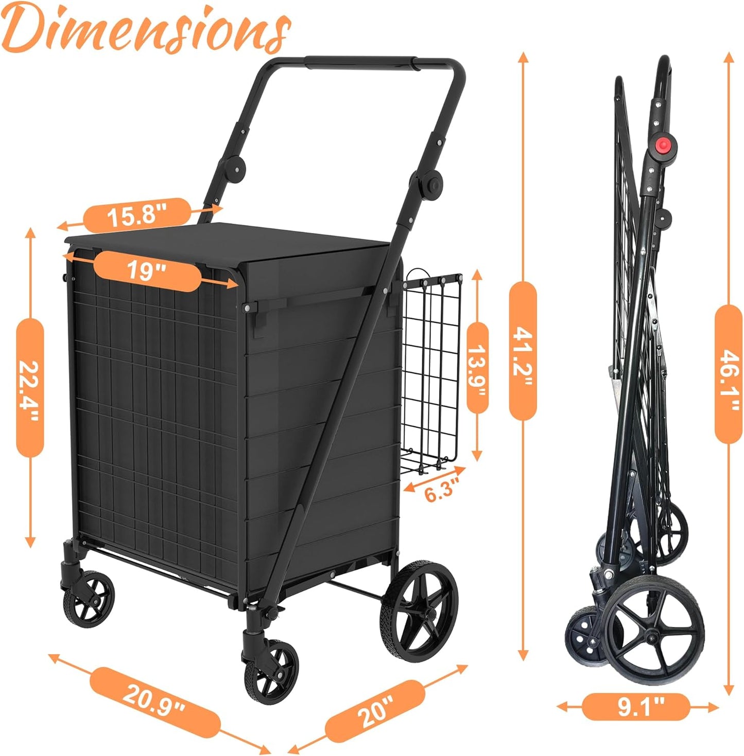 440 LBS Shopping Cart with Adjustable Handle, Waterproof Bag, 10-Min Assembly Heavy-Duty Foldable Grocery Cart with 360° Swivel Wheels for Apartments, Laundry, Camping, Black