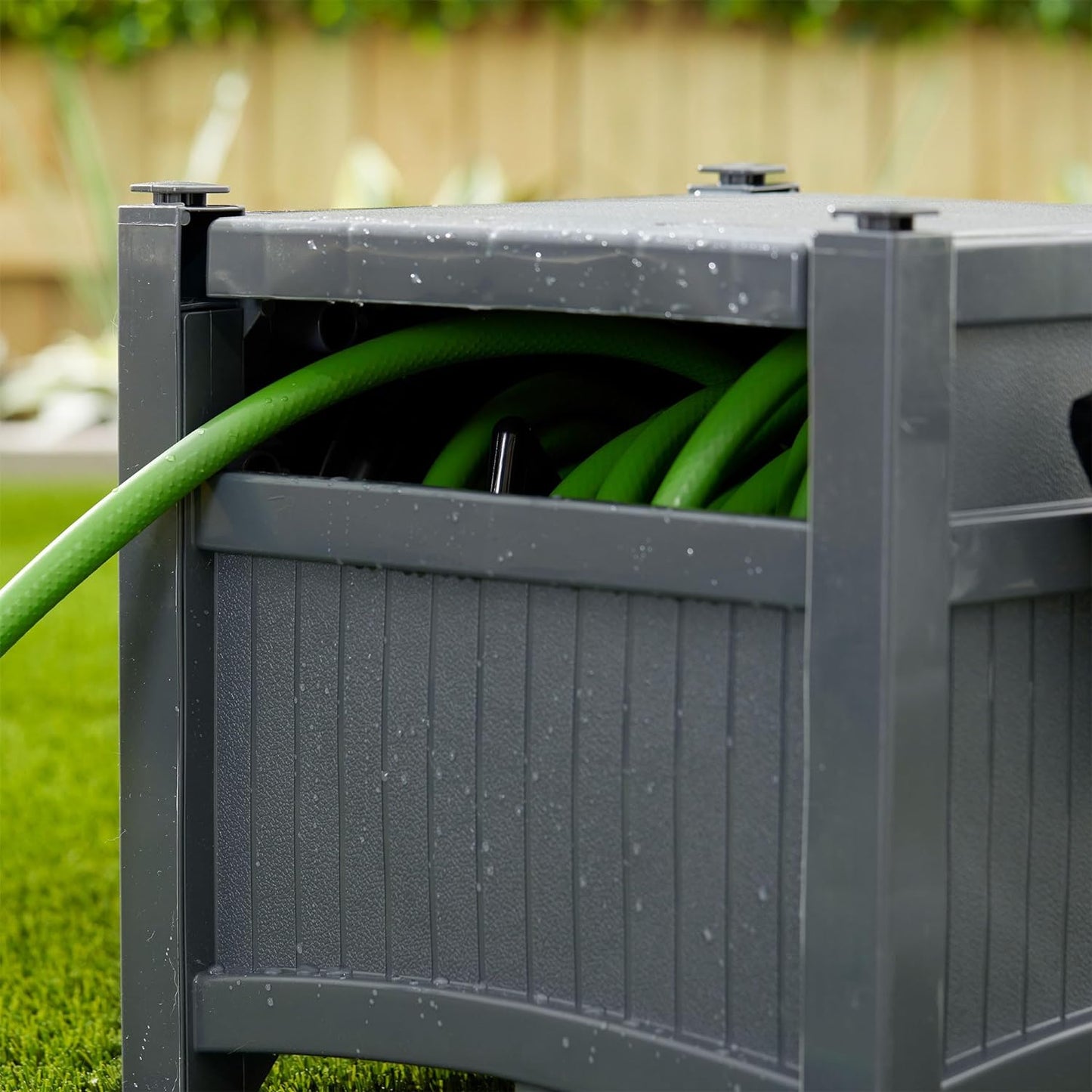 Garden Hose Hideaway Storage Reel Box, Cyberspace Grey – Resin Outdoor Container, Holds up to 100 Feet of 5/8 Inch Standard Vinyl Water Line – No Assembly Required