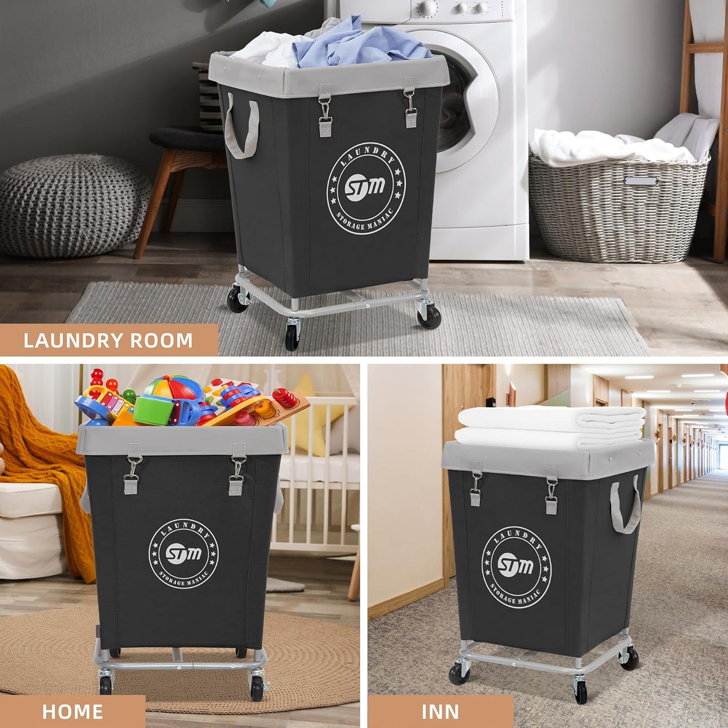 Commercial Laundry Hamper with Heavy Duty Steel Frame, 160 L Industrial Laundry Basket Cart with Wheels for Hotel, Home, Laundry Room, 17.72''L X 17.72''W X 30.91''H, Medium Black