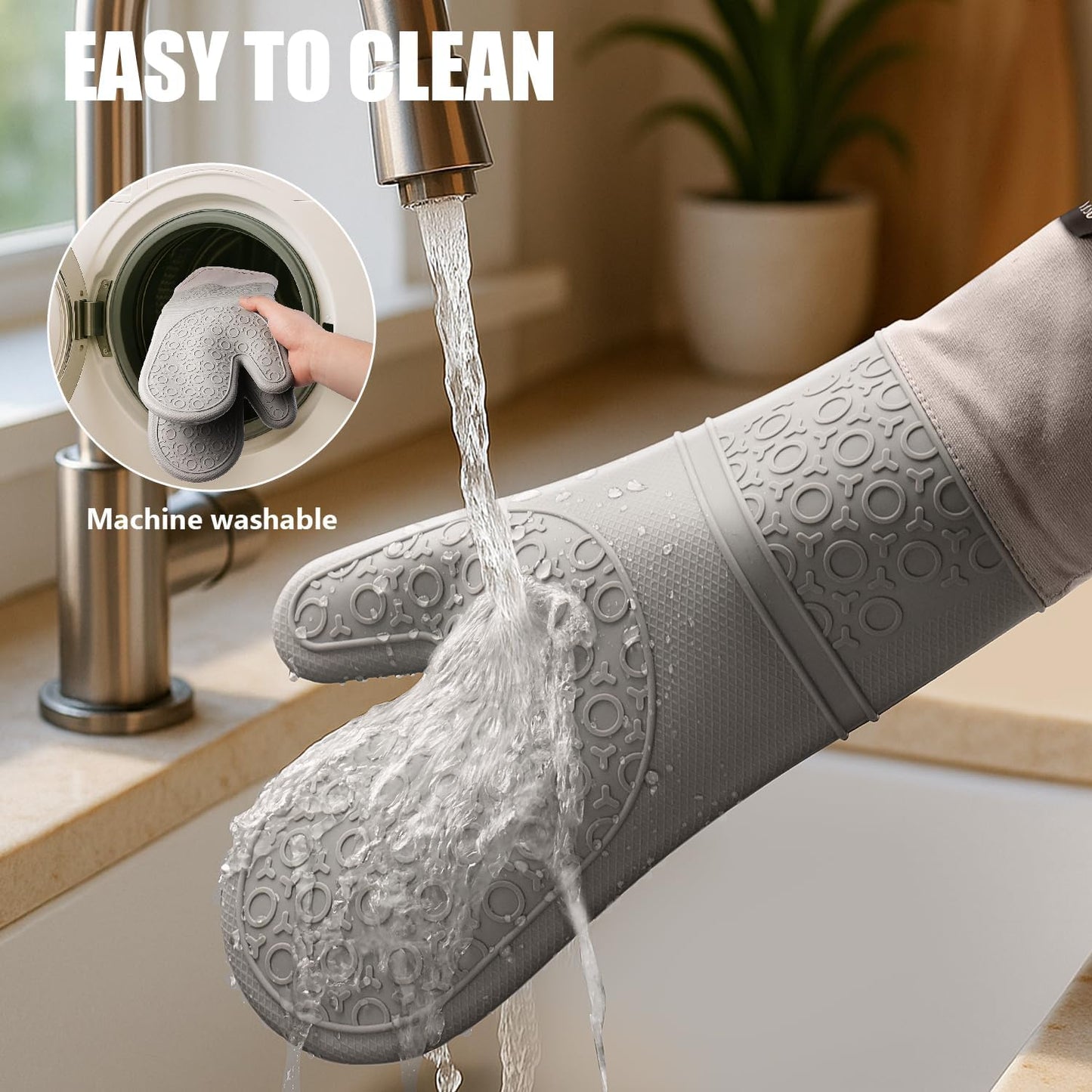 6Pcs Oven Mitts and Pot Holders Sets for Kitchen, Extra Long Silicone Oven Gloves High Heat Resistant 500 Degrees Non-Slip Potholders Hot Pads for Baking Cooking, Grey