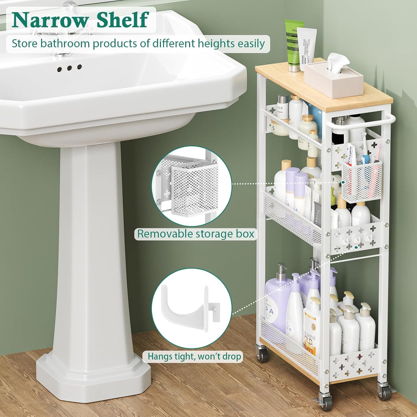 Slim Storage Cart 4 Tier Laundry Cart with Wheels, Narrow Metal Kitchen Rolling Carts Bathroom Organizers Storage Shelf with Wood Rack and Handle for Small Space