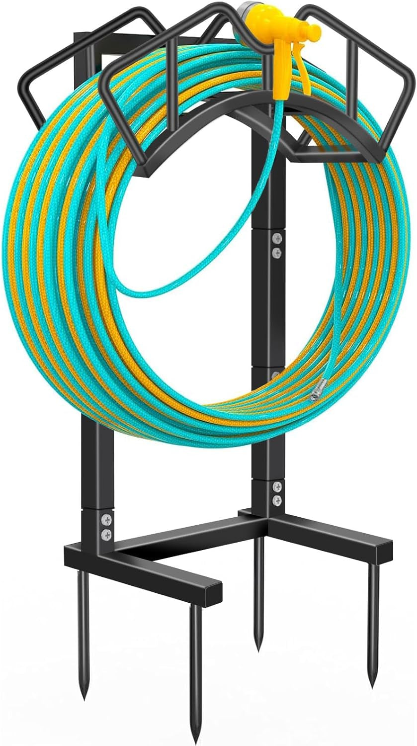 Super Stable Garden Hose Holder, Detachable Water Hose Holders Stand Holds 160-Feet Freestanding Hose Storage Hanger Rack for outside Yard Lawn Farm (Black)