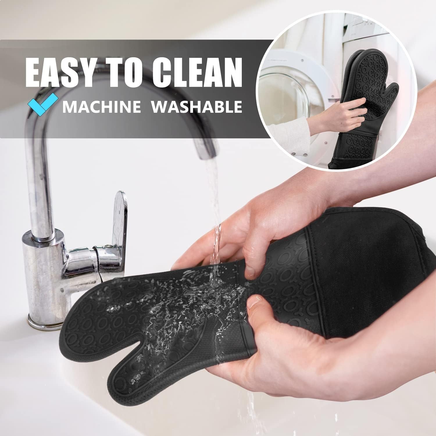 6Pcs Oven Mitts and Pot Holders Sets Heat Resistant 500 Degrees, Extra Long and Non-Slip Silicone Oven Gloves Potholders Hot Pads for Kitchen Baking Cooking, Quilted Liner, Black