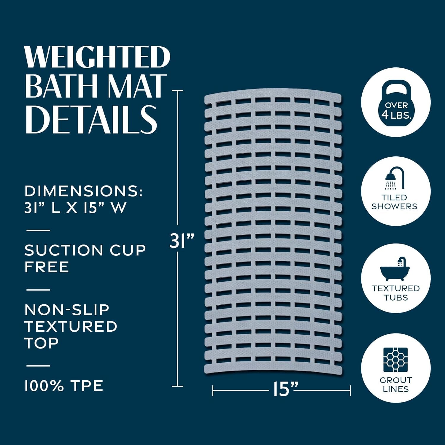 Weighted Non Slip Bath Mat for Textured Tub & Shower Surfaces | Patent Pending | anti Slip Bathtub Safety without Suction Cups | Doesn’T Float, Works on Tile & Stone 31” X 15”