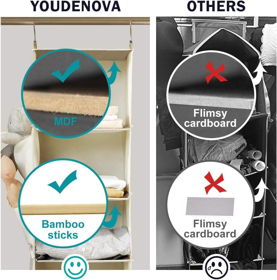 Hanging Closet Organizer, 6-Shelf Closet Hanging Storage with Side Pockets, Beige