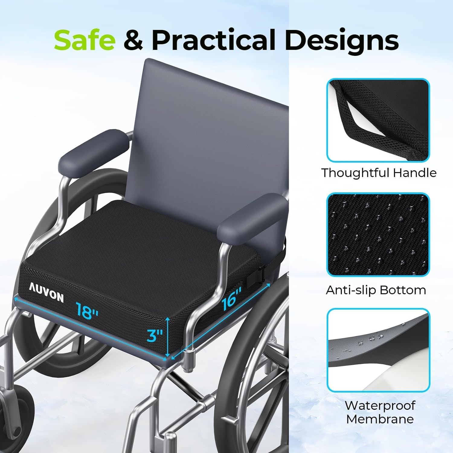 Cooling Gel Wheelchair Seat Cushion for Sciatica, Back, Pressure Sore and Ulcer Pain Relief, Breathable Memory Foam Chair Cushion with Waterproof Silk Fabric, Removable Strap, Anti-Slip Cover