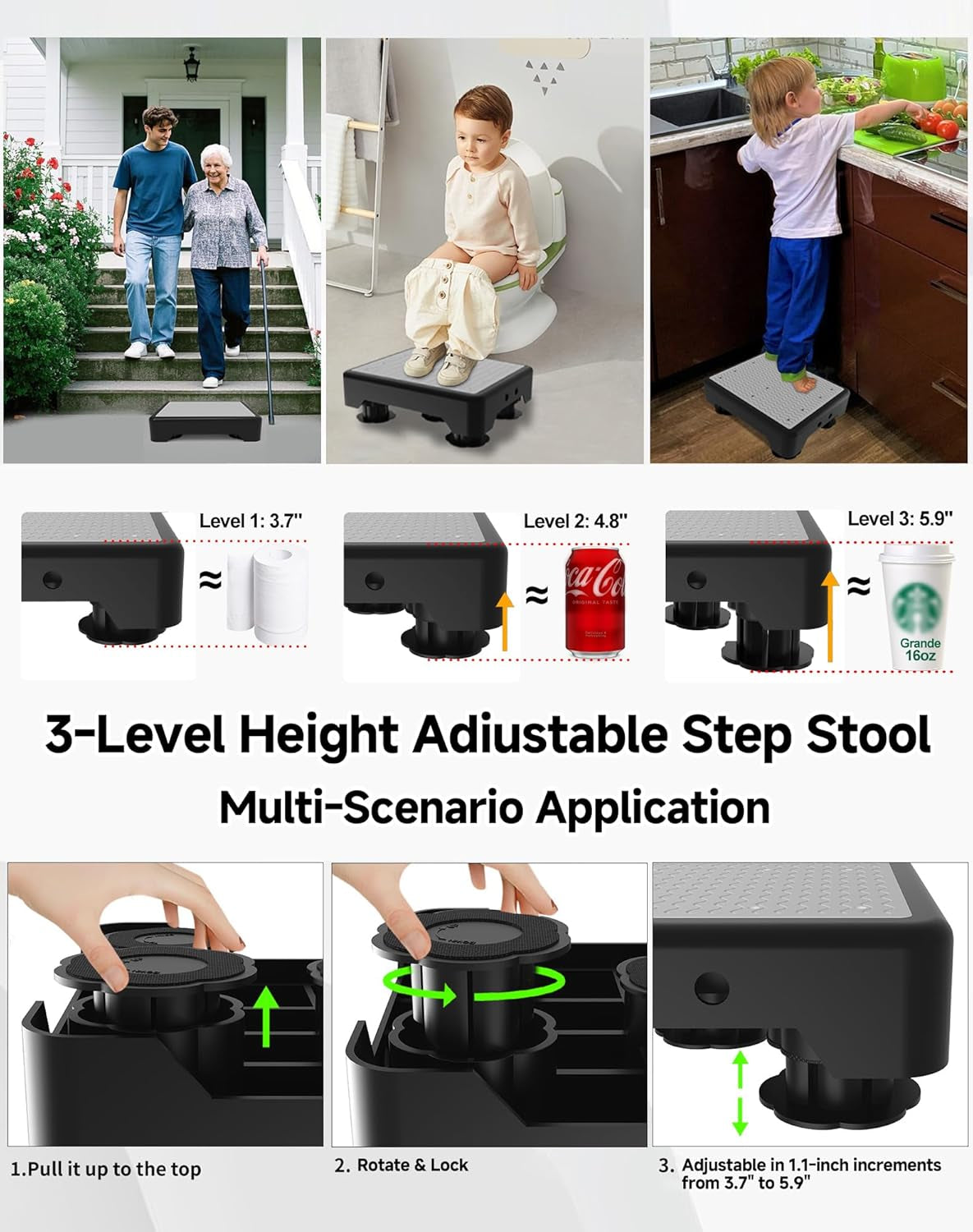 Adjustable Step Stool for Adults, Toddler Step Stools, 600 LBS Capacity Non-Slip Safety Step Platform for Elderly, Portable Stair Assist for Cars, Bedside, Kitchen, and Shower, Black