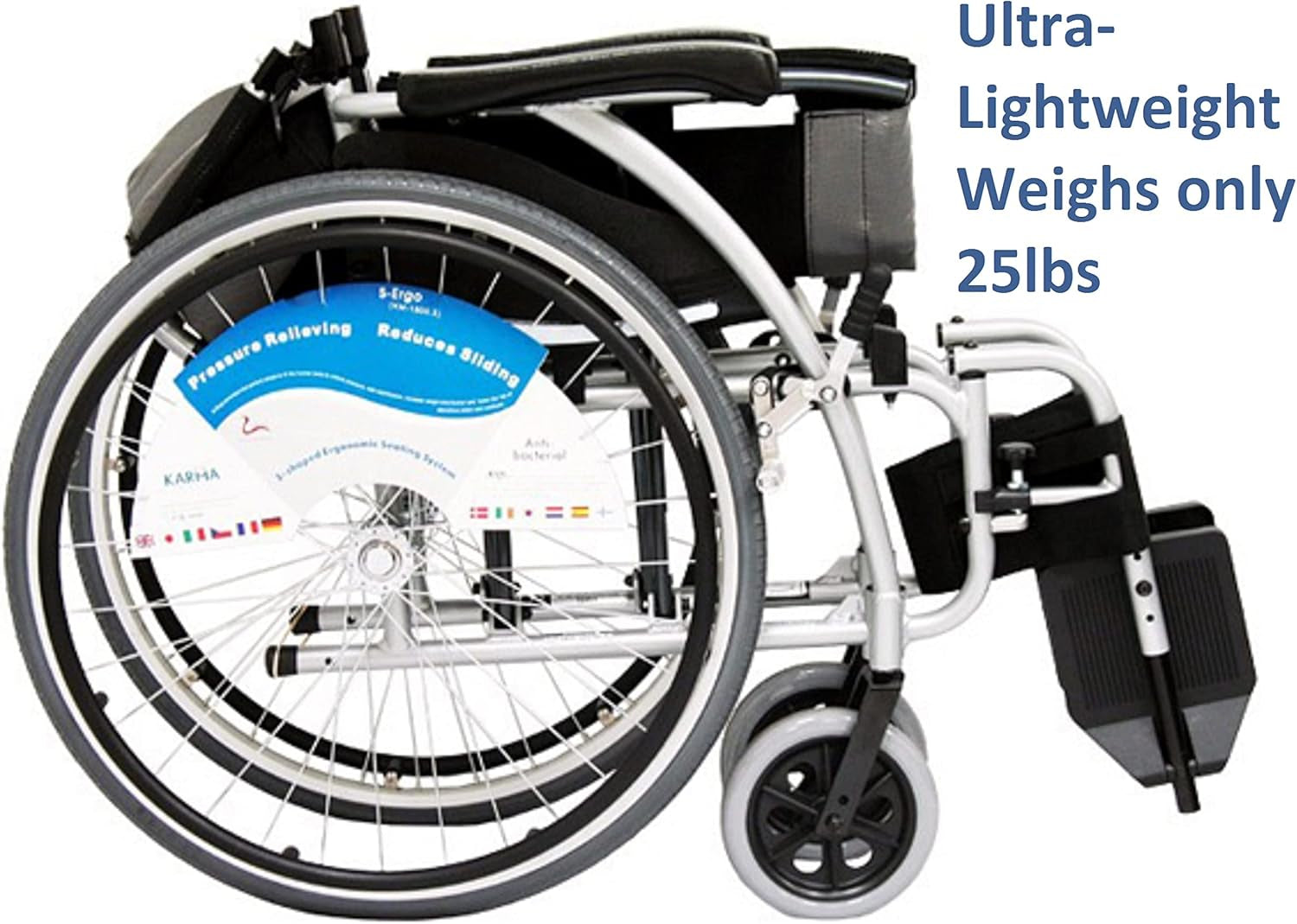Karman K-115 25 Lbs Ultra Light Ergonomic Wheelchair with Removable Footrest Silver Color