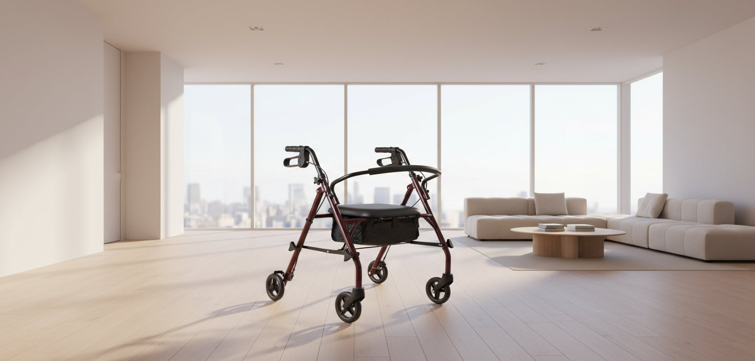 Steel Rollator Walker with Seat, Burgundy, 350 Lb. Weight Capacity, 6” Wheels, Foldable, Height Adjustable, Rolling Walker for Seniors, Walker for Mobility Impaired