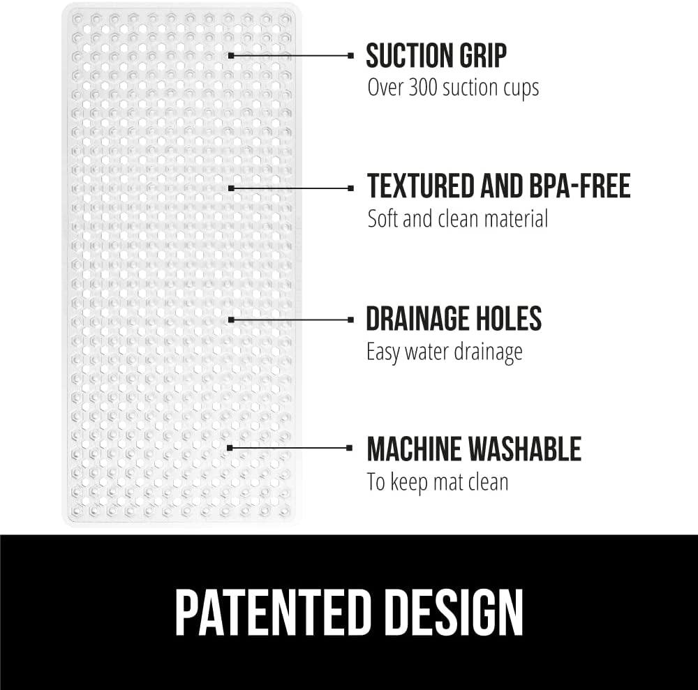 Patented Bath Tub Shower Mat, Machine Washable Bathtub Floor Liner Mats, Suction Cups and Drain Holes to Keep Tubs Clean, Soft on Feet, Bathroom Essentials, 35X16 Inch, Clear