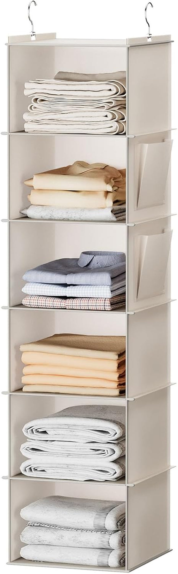 Hanging Closet Organizer, 6-Shelf Closet Hanging Storage with Side Pockets, Beige