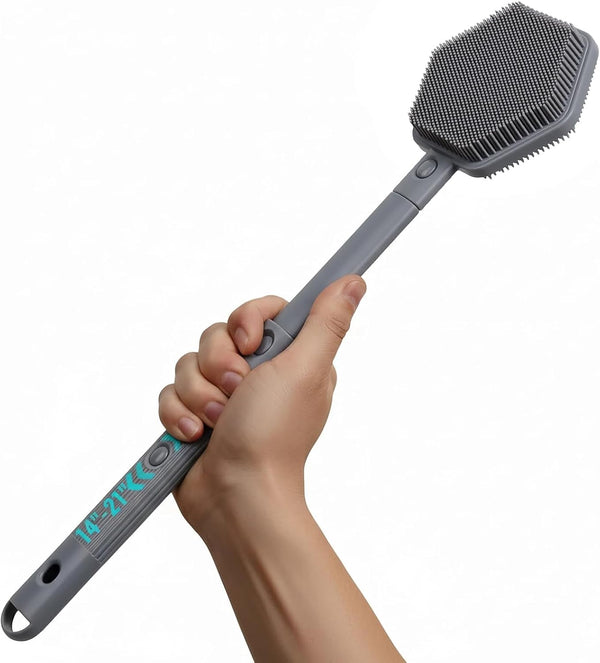 Silicone Back Scrubber for Shower – 21In Extendable Shower Brush with Long Handle – Dual-Sided Back Brush with Non-Slip Grip, Gentle Cleansing & Exfoliation for Men, Women, Elderly (Gray)