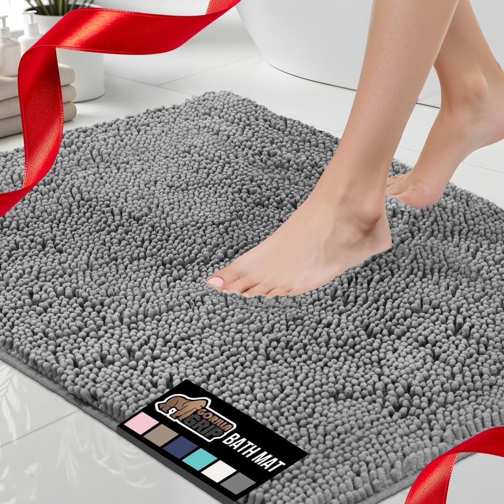 Bath Rug Mat, Thick Soft Absorbent Chenille, Quick Dry Microfiber Mats, Rubber Backing Washable Shower Floor Rugs, Bathmat Runner, US Designed Bathroom Home Decor Accessories 24X17, Grey