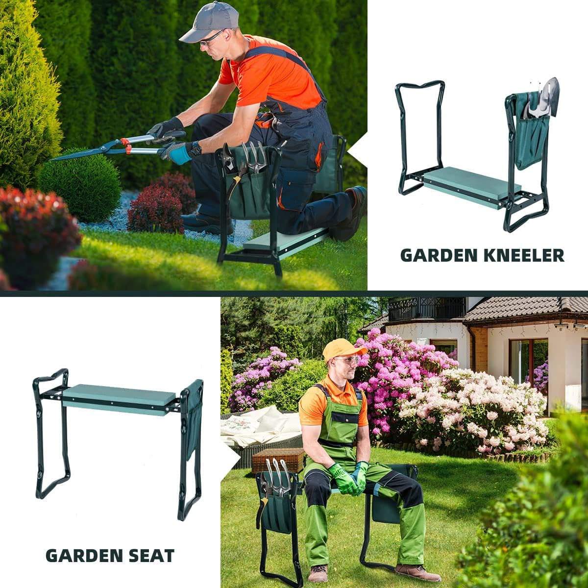 2-In-1 Garden Kneeler & Seat, Folding Seat W/Eva Foam Kneeling Pad & Removable Tools Pouch, Sturdy Steel Frame, No Assembly, Portable Heavy Duty Garden Stool for Women & Men
