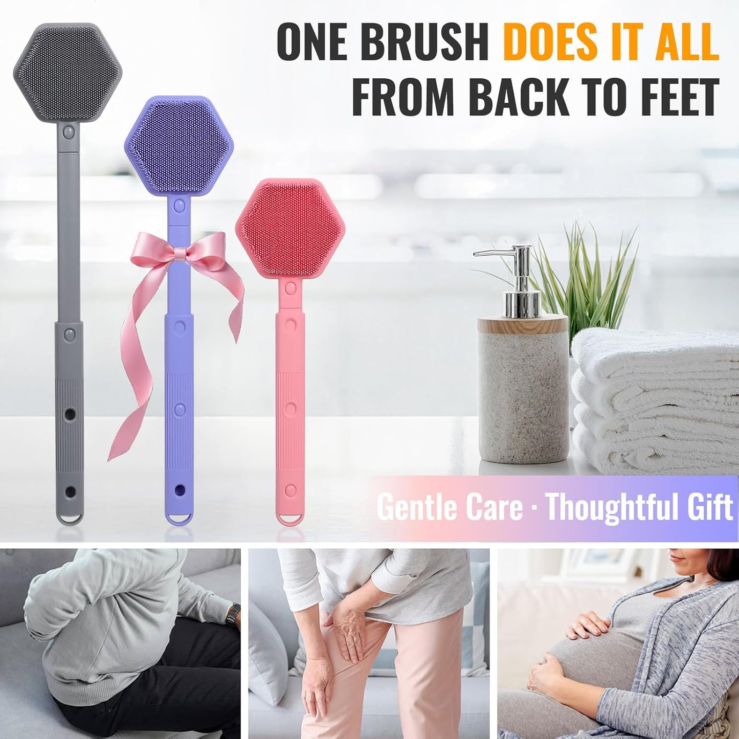 Silicone Back Scrubber for Shower – 21In Extendable Shower Brush with Long Handle – Dual-Sided Back Brush with Non-Slip Grip, Gentle Cleansing & Exfoliation for Men, Women, Elderly (Gray)