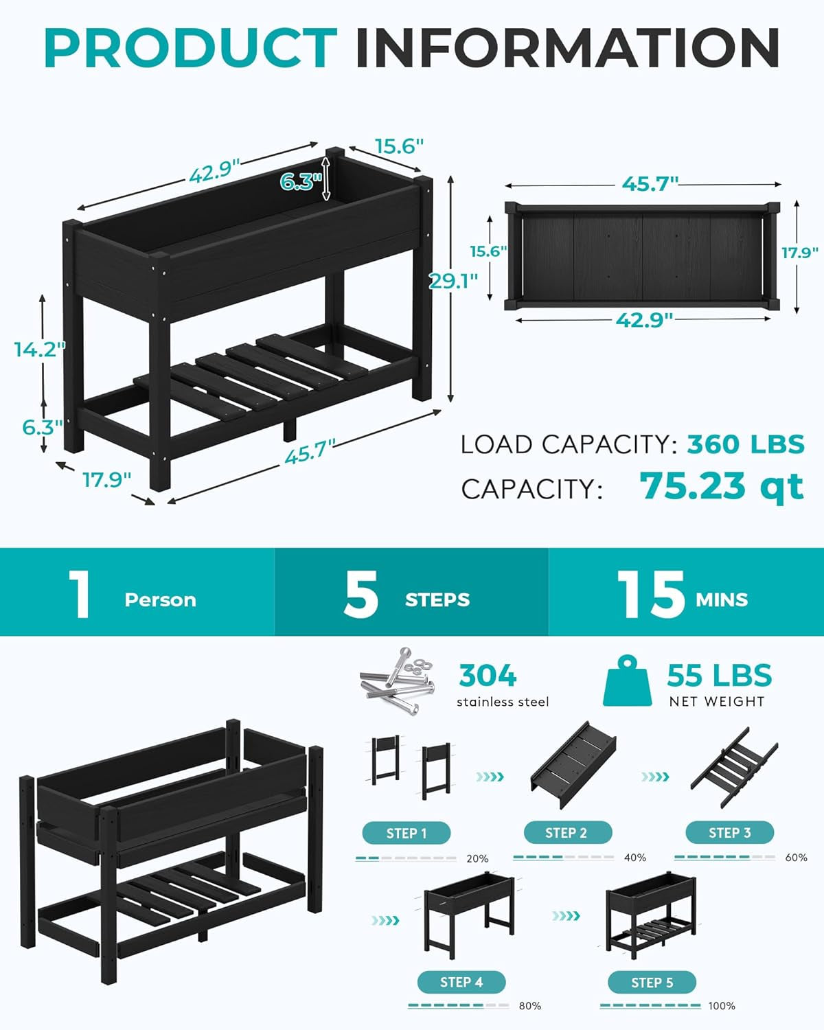 Raised Garden Bed, HDPE Raised Bed for Gardening All Weather Use- Black