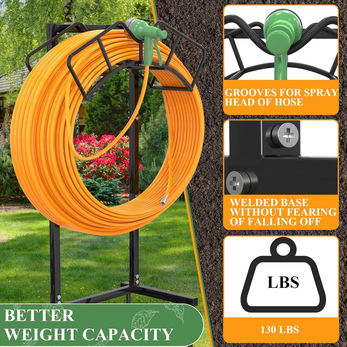 Super Stable Garden Hose Holder, Detachable Water Hose Holders Stand Holds 160-Feet Freestanding Hose Storage Hanger Rack for outside Yard Lawn Farm (Black)