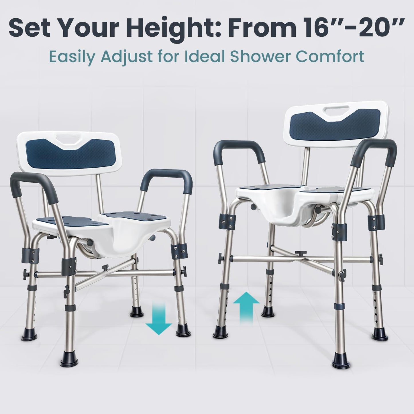 Shower Chair U-Shape Seat (450Lb) Heavy Duty - Padded Armrests and Back, Shower Chairs for Elderly and Disabled, Handicap, Shower Chair for inside Shower, Adjustable Height - Blue