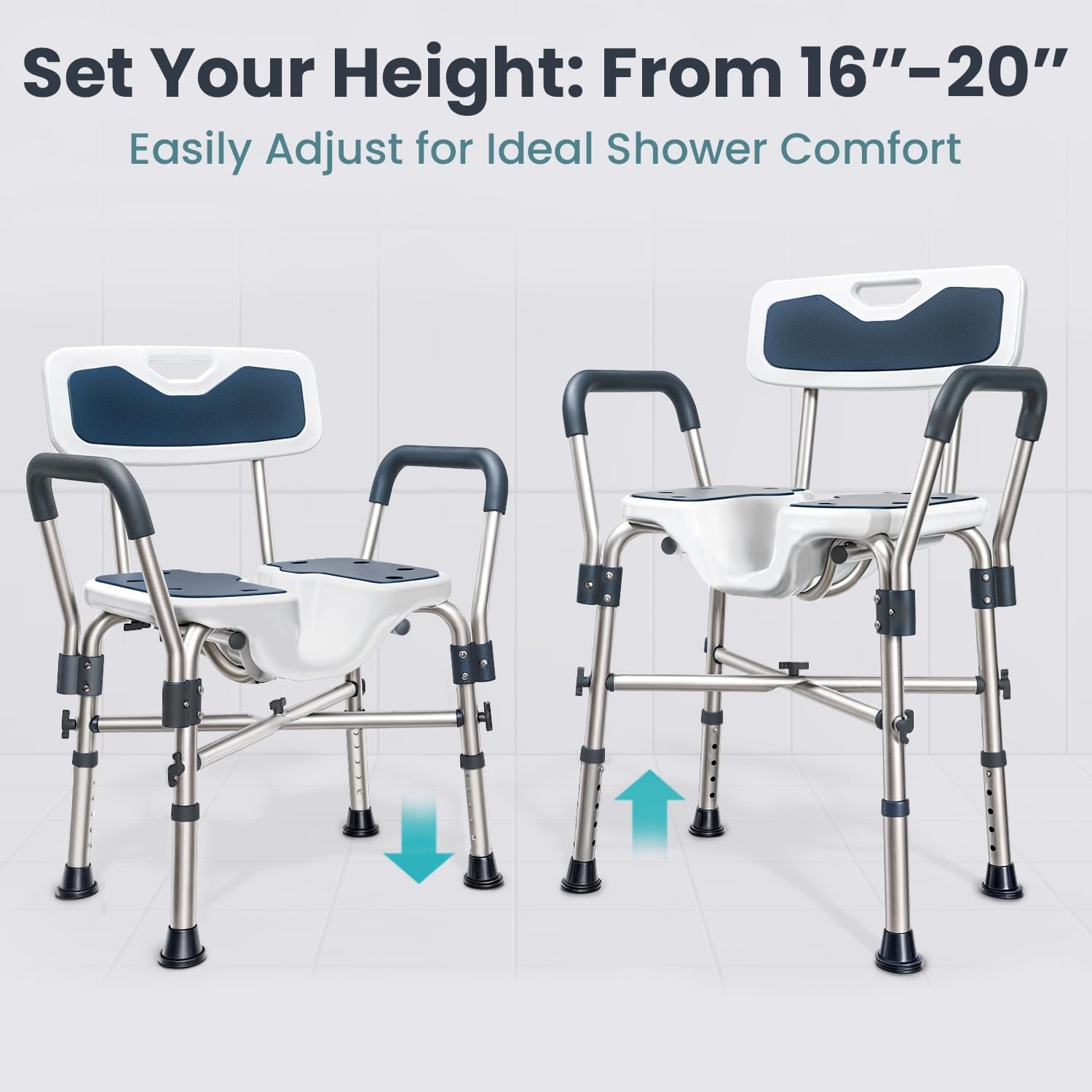 Shower Chair U-Shape Seat (450Lb) Heavy Duty - Padded Armrests and Back, Shower Chairs for Elderly and Disabled, Handicap, Shower Chair for inside Shower, Adjustable Height - Blue