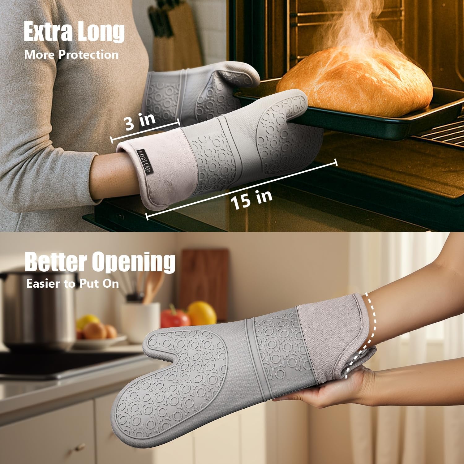 6Pcs Oven Mitts and Pot Holders Sets for Kitchen, Extra Long Silicone Oven Gloves High Heat Resistant 500 Degrees Non-Slip Potholders Hot Pads for Baking Cooking, Grey