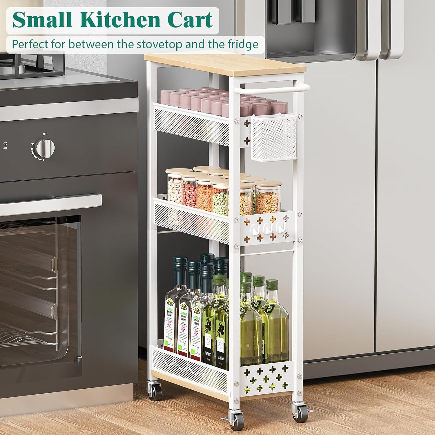 Slim Storage Cart 4 Tier Laundry Cart with Wheels, Narrow Metal Kitchen Rolling Carts Bathroom Organizers Storage Shelf with Wood Rack and Handle for Small Space