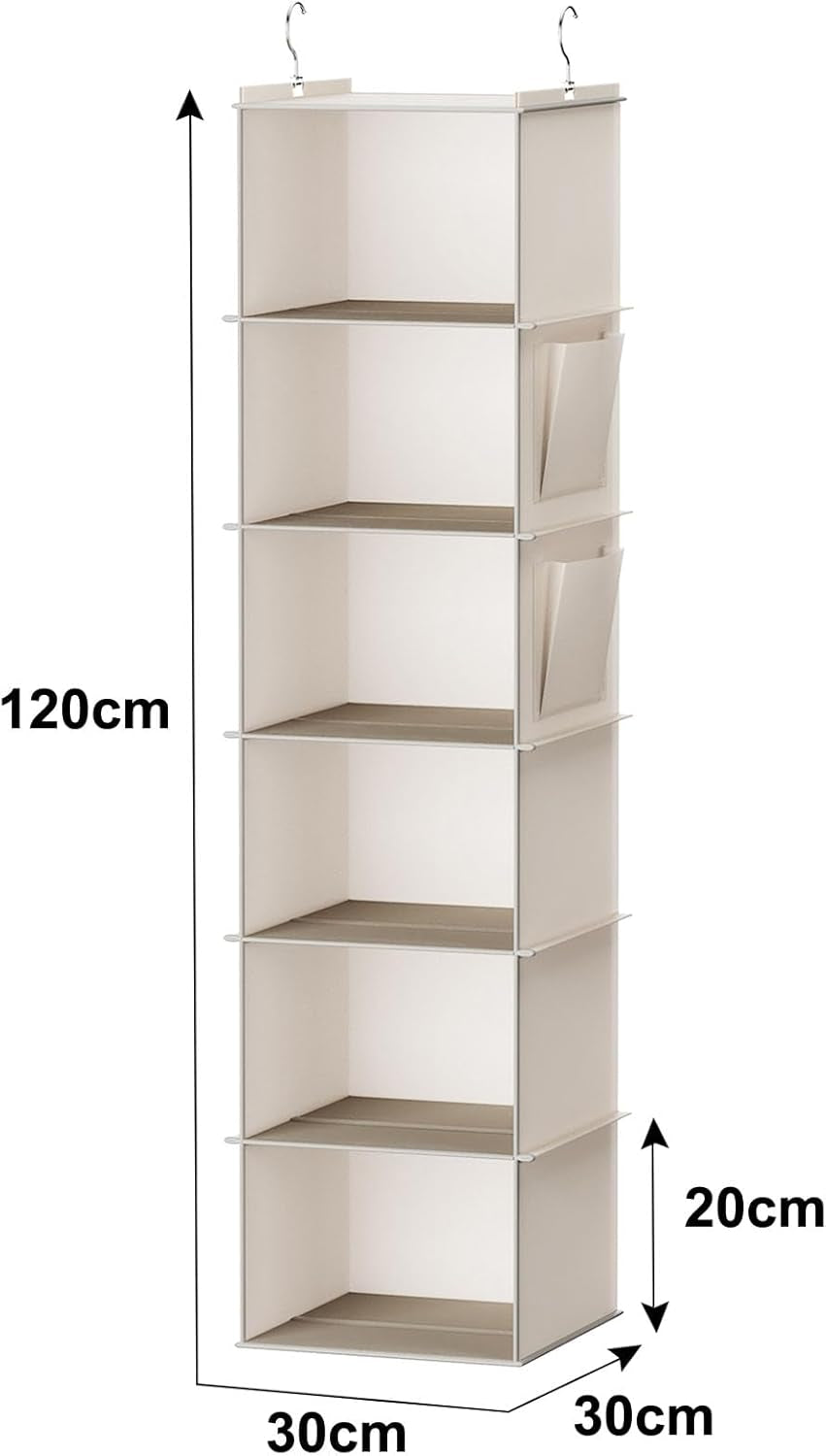 Hanging Closet Organizer, 6-Shelf Closet Hanging Storage with Side Pockets, Beige