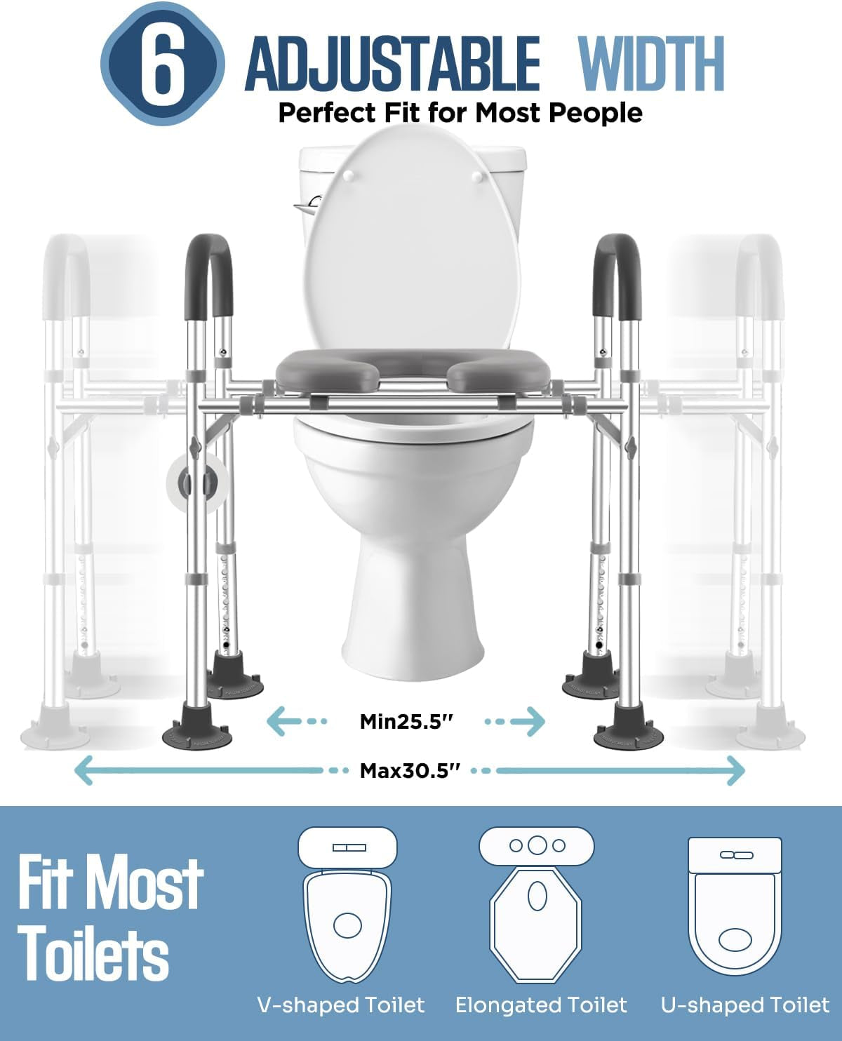 Toilet Seat Riser with Handles, 500Lb Raised Toilet Seat, Adjustable Height & Width, Handicap Raised Toilet Chair for Seniors, Fit Any Toilet