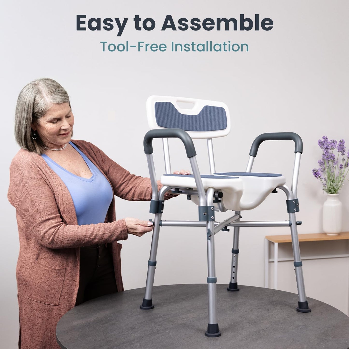 Shower Chair U-Shape Seat (450Lb) Heavy Duty - Padded Armrests and Back, Shower Chairs for Elderly and Disabled, Handicap, Shower Chair for inside Shower, Adjustable Height - Blue