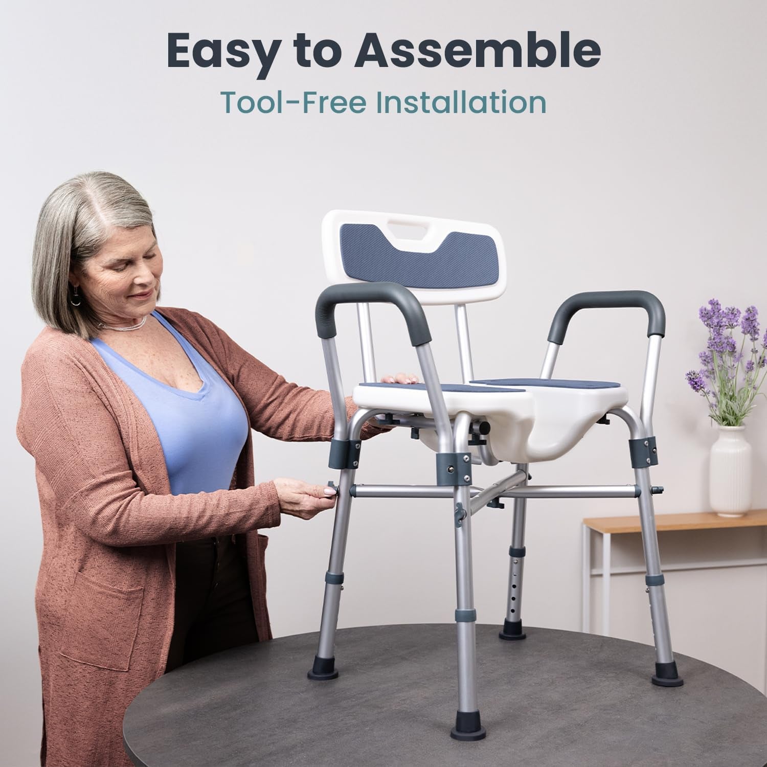 Shower Chair U-Shape Seat (450Lb) Heavy Duty - Padded Armrests and Back, Shower Chairs for Elderly and Disabled, Handicap, Shower Chair for inside Shower, Adjustable Height - Blue