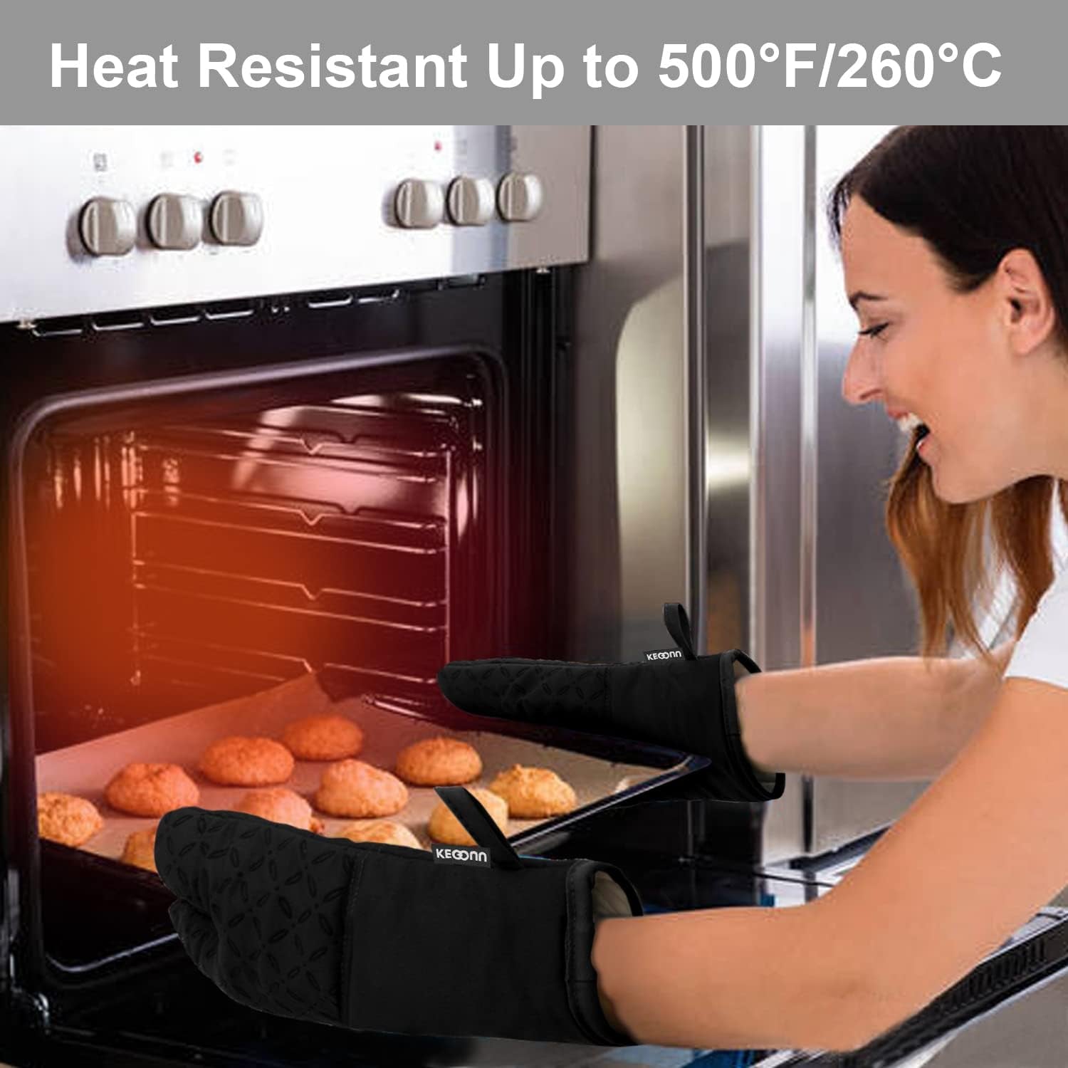 Oven Mitts and Pot Holders 6Pcs Set, Kitchen Oven Glove High Heat Resistant 500 Degree Extra Long Oven Mitts and Potholder with Non-Slip Silicone Surface for Cooking (Black)