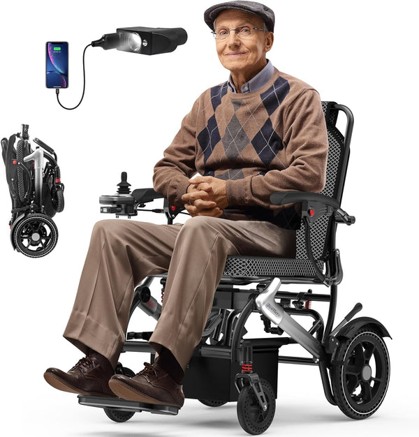 Electric Wheelchairs for Adults, Power Motorized Foldable Wheelchairs for Seniors Support 350 LBS, Only 36LBS Weight,15 Miles Range, 500W Brushless Motors& LED Light& Airline Approval-(Coior-Siiver)