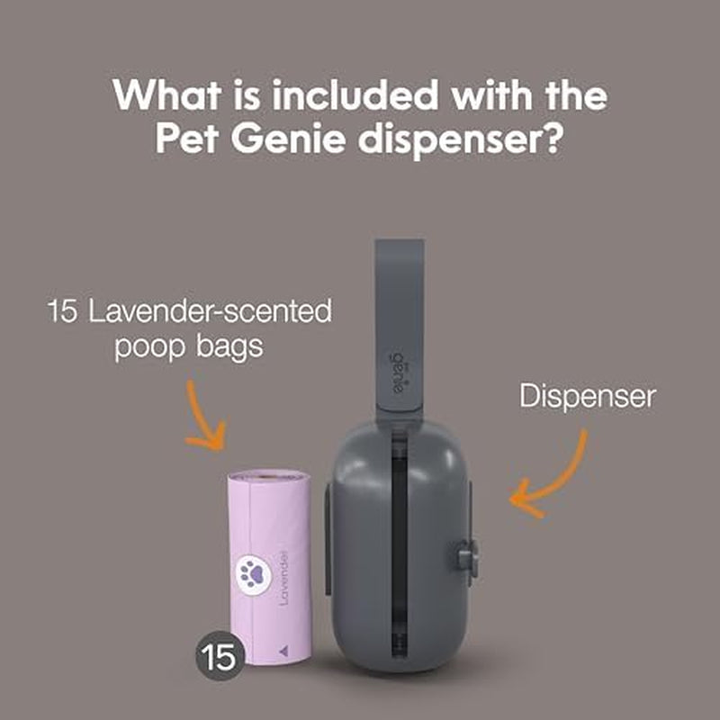 - On-The-Go Dog Poop Bag Dispenser for Leash - Compact & Easy to Use Device for Pet Supplies with 2-Point Secure Attachment, Includes 1 Roll (15 Count) of Scented Poop Bags, (Lavender Scent)
