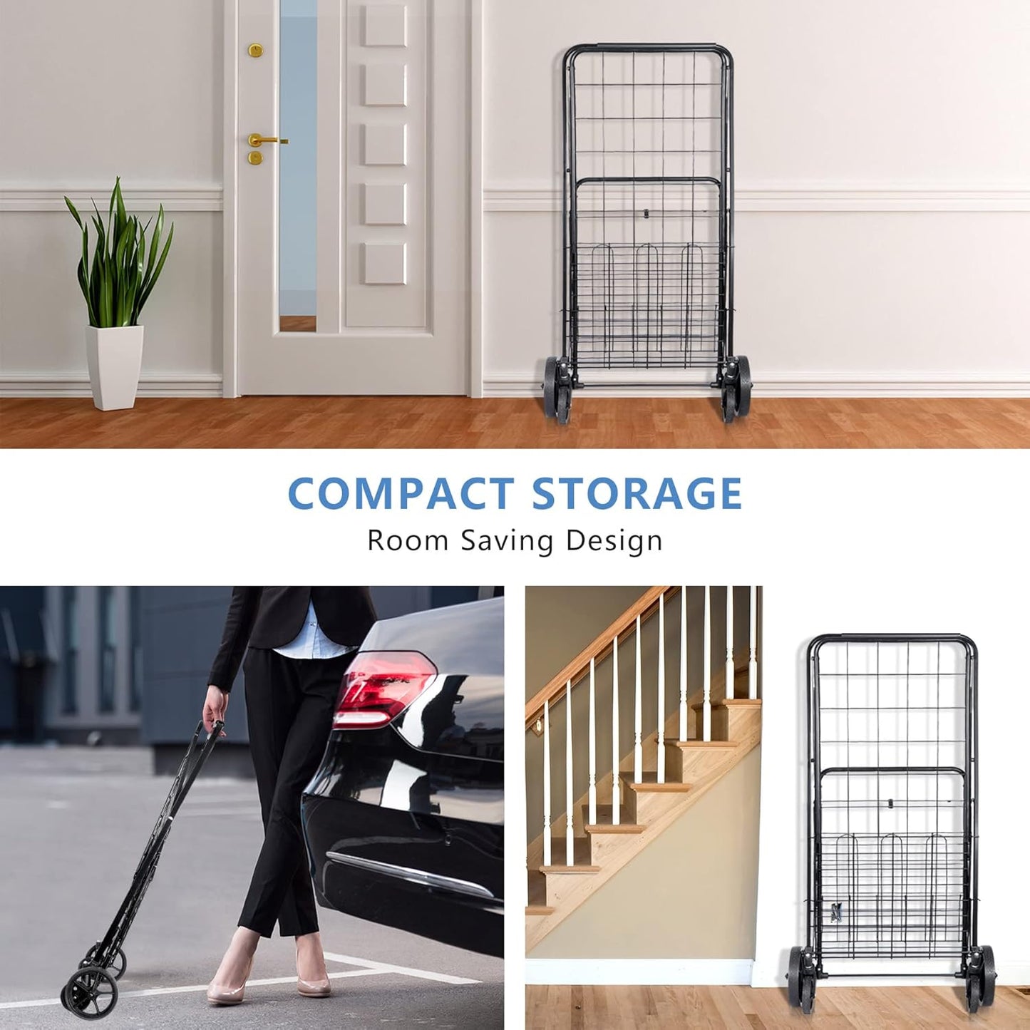 Folding Shopping Cart with Wheels and Double Basket for Groceries Laundry Book Luggage Travel, Black