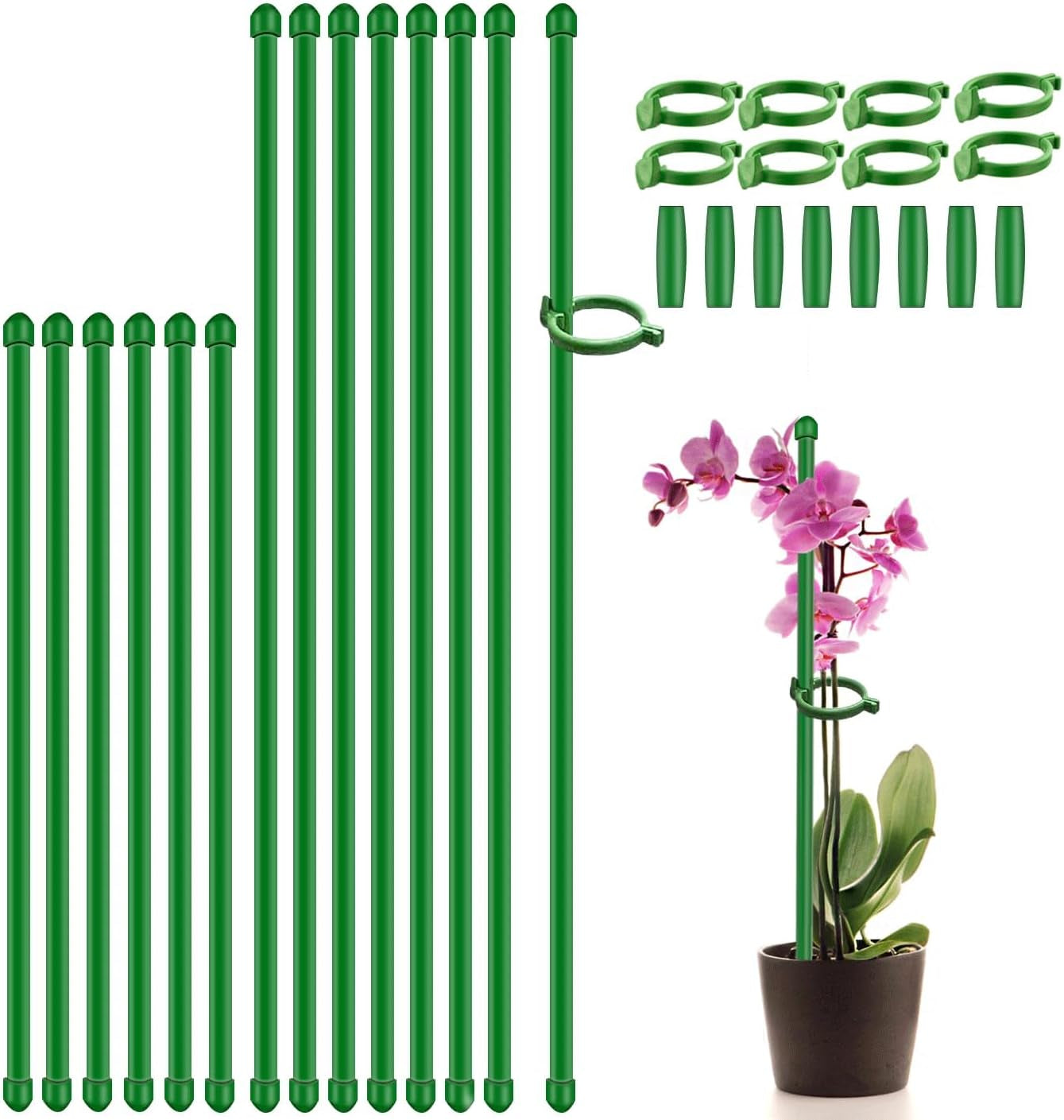 Plant Stakes 17Inch &11Inch  Adjustable Length Plant Support Stake 16Pcs Green Orchid Stick with Clips for Indoor Outdoor,Garden Pole for Potted Tomato Amaryllis Vegetables Comes with 20 Ties