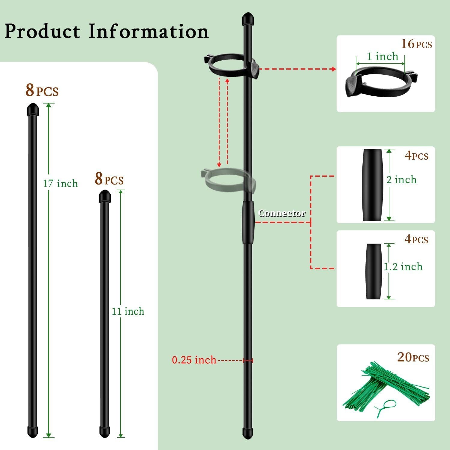 Plant Stakes 17Inch &11Inch  Adjustable Length Plant Support Stake 16Pcs Black Orchid Stick with Clips for Indoor Outdoor,Garden Pole for Potted Tomato Amaryllis Vegetables with 20 Ties
