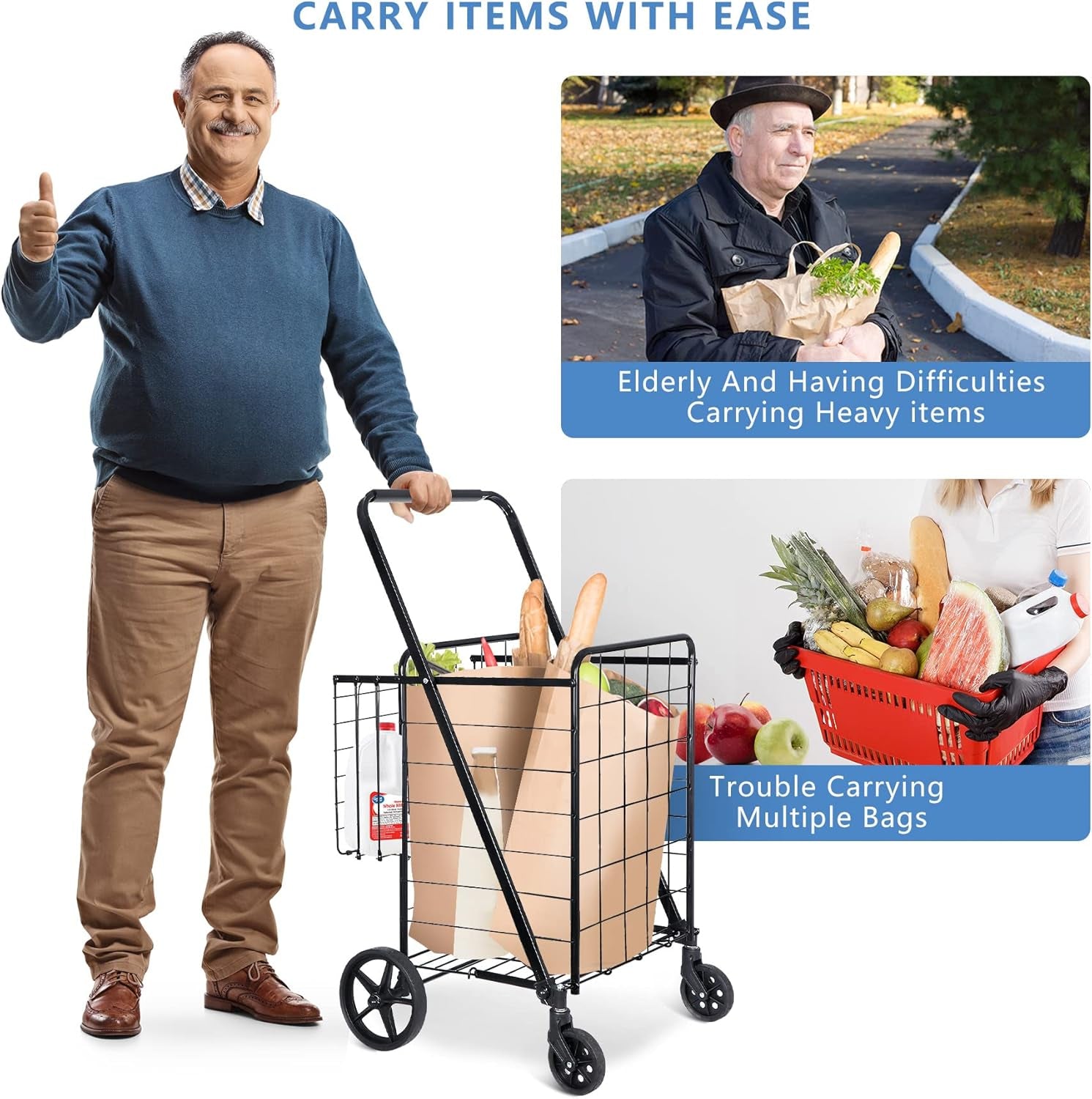 Folding Shopping Cart with Wheels and Double Basket for Groceries Laundry Book Luggage Travel, Black