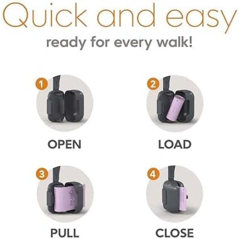 - On-The-Go Dog Poop Bag Dispenser for Leash - Compact & Easy to Use Device for Pet Supplies with 2-Point Secure Attachment, Includes 1 Roll (15 Count) of Scented Poop Bags, (Lavender Scent)