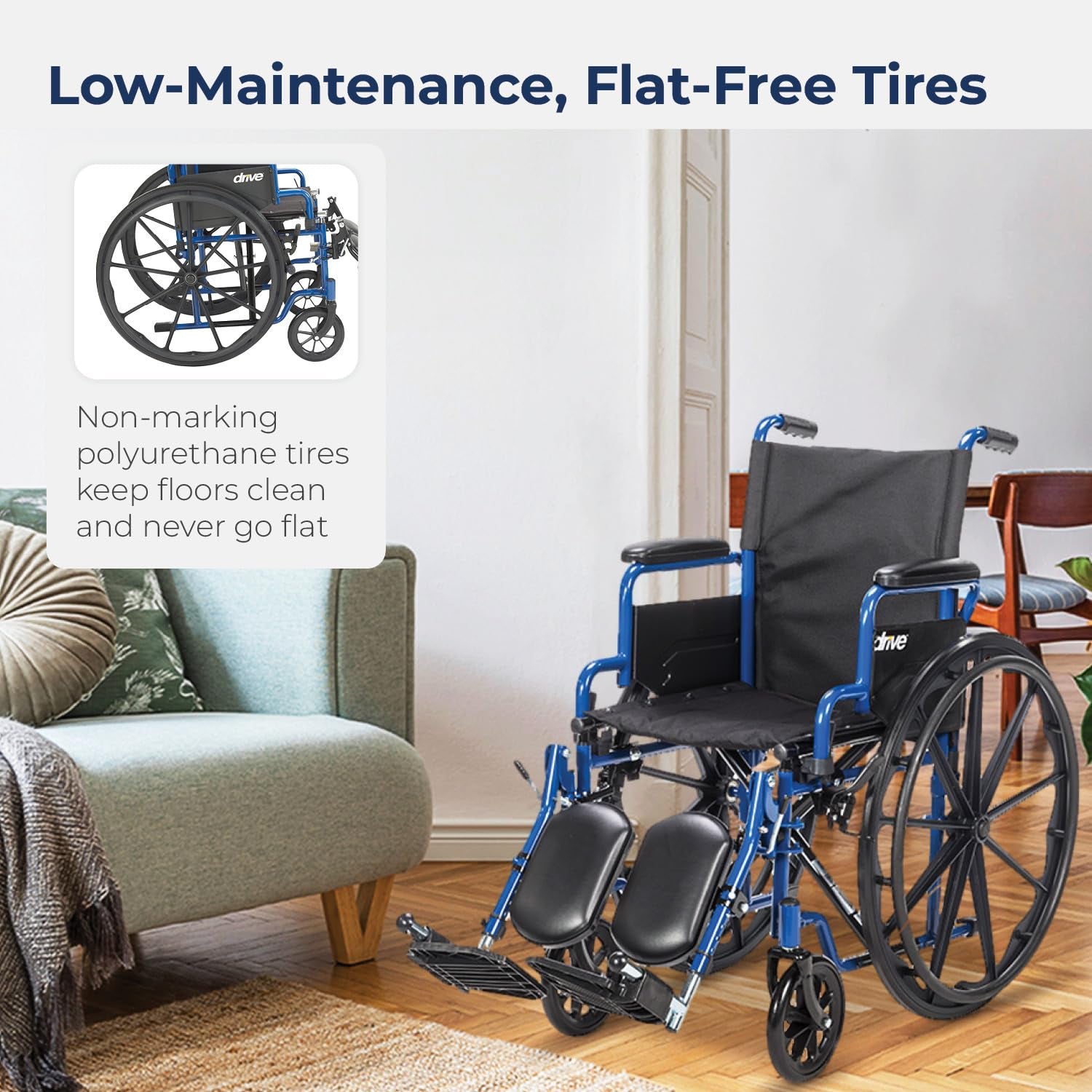 Blue Streak Lightweight Foldable Wheelchair for Adults, Seniors, and Disabled - Swing-Away Elevating Leg Rests and Flip-Back Padded Arms - Black/Blue