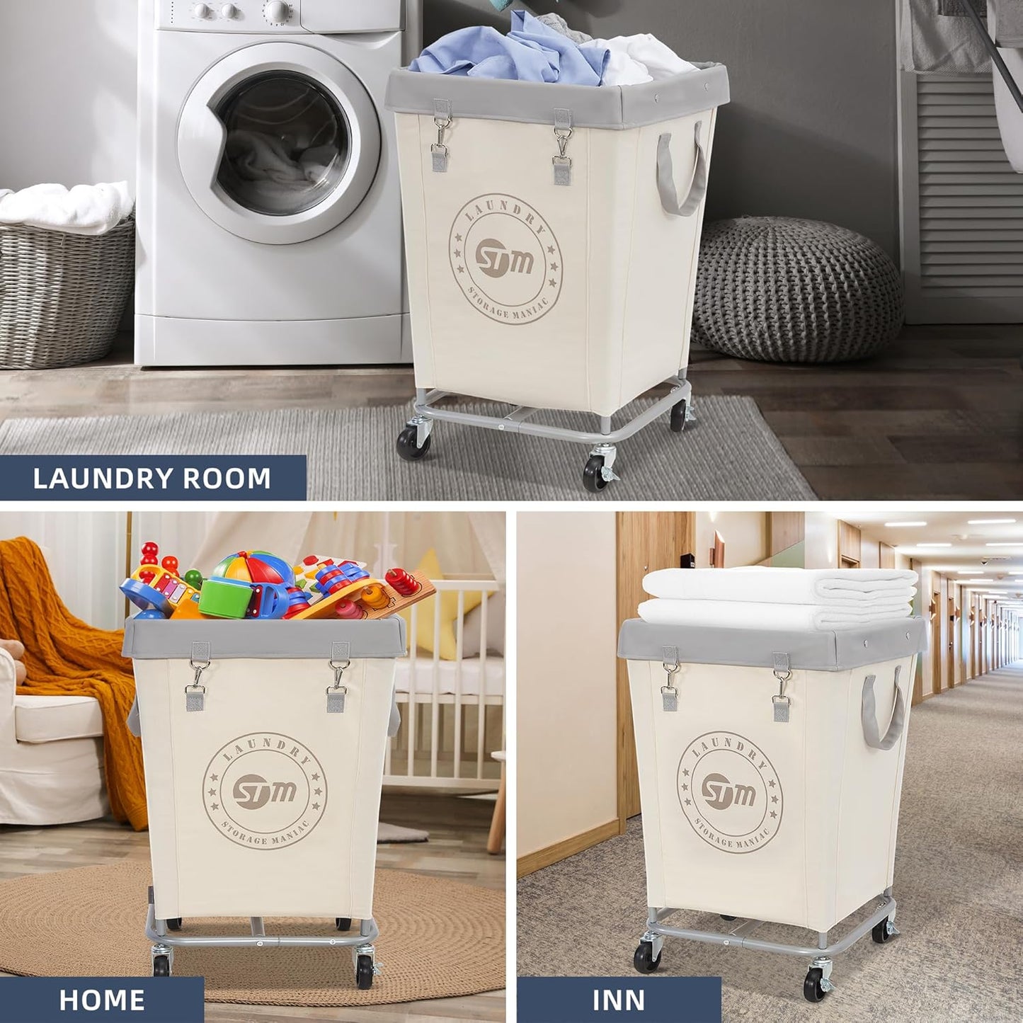 Commercial Laundry Hamper with Heavy Duty Steel Frame, 160 L Industrial Laundry Basket Cart with Wheels for Hotel, Home, Laundry Room, 17.72''L X 17.72''W X 30.91''H, Medium Beige