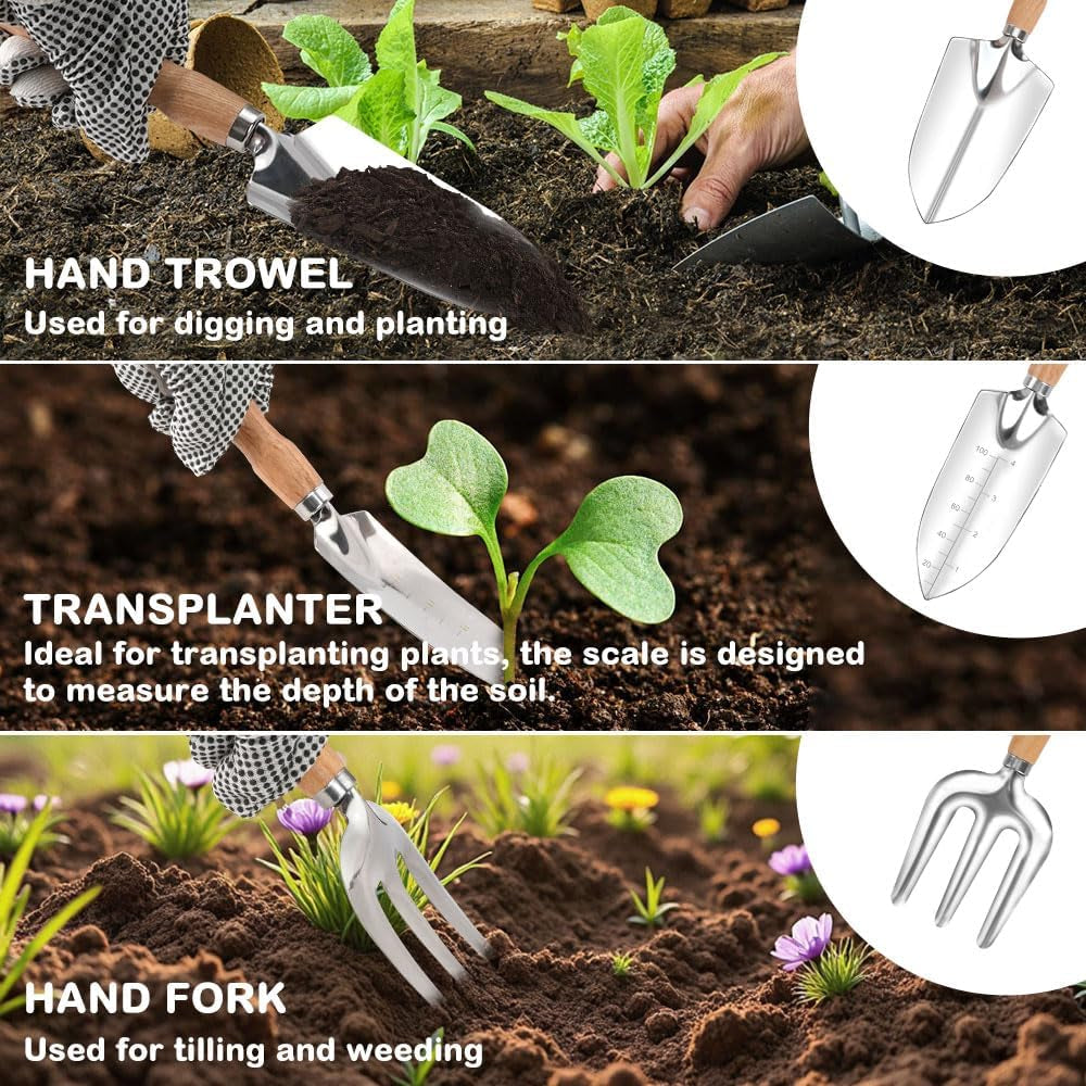 13-Piece Garden Tools Set for Women, Stainless Steel Heavy Duty Gardening Tools with Durable Storage Tote Bag, Rust-Proof Gardening Gifts with Ergonomic Handles for Mothers Gardeners Women