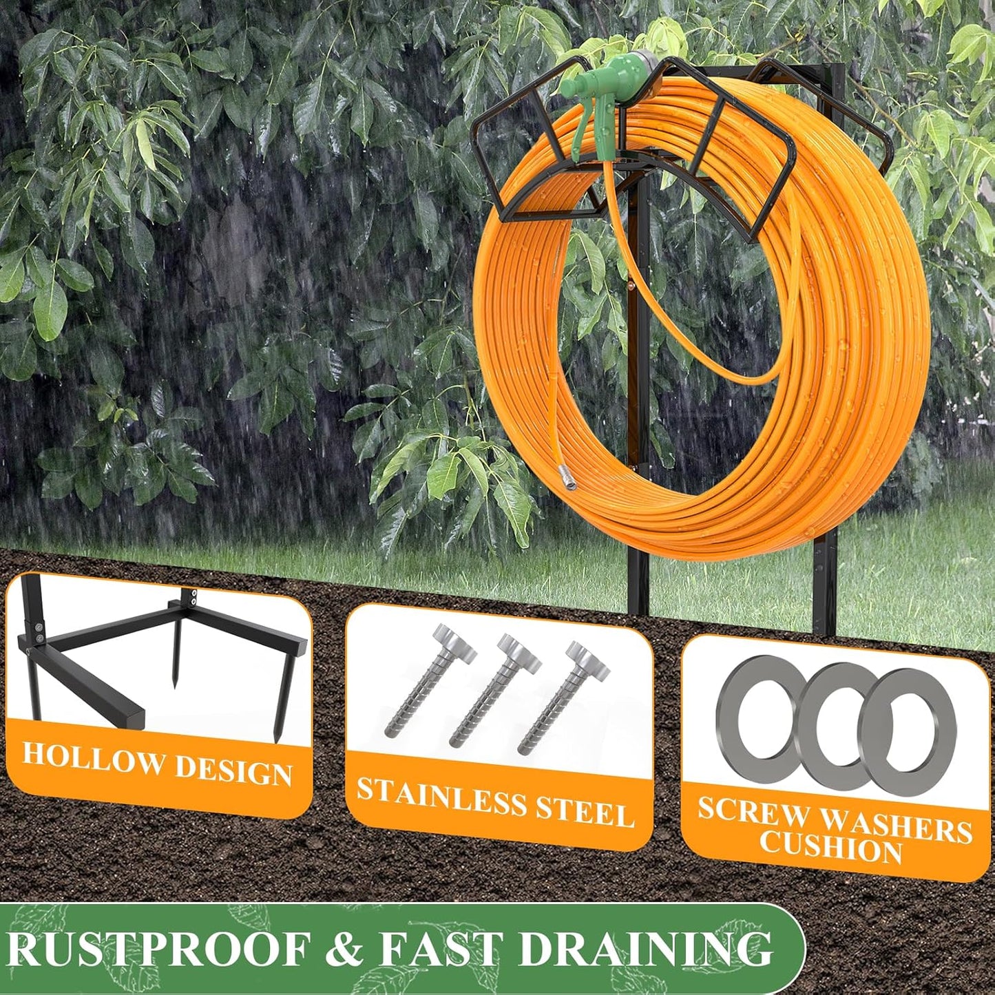 Super Stable Garden Hose Holder, Detachable Water Hose Holders Stand Holds 160-Feet Freestanding Hose Storage Hanger Rack for outside Yard Lawn Farm (Black)