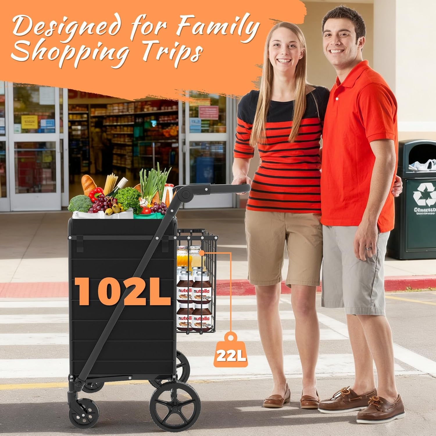 Grocery Cart on Wheels with Adjustable Handle, Waterproof Bag, 10-Min Assembly Heavy-Duty Foldable Shopping Cart for Apartments, Laundry, Camping, Max Load 320 LBS, Black