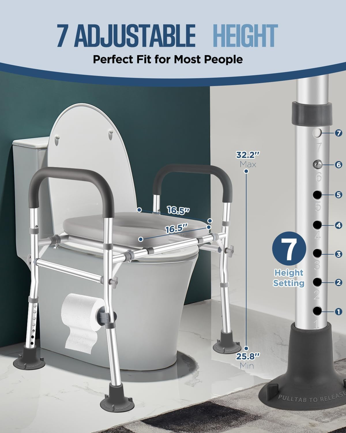 Toilet Seat Riser with Handles, 500Lb Raised Toilet Seat, Adjustable Height & Width, Handicap Raised Toilet Chair for Seniors, Fit Any Toilet