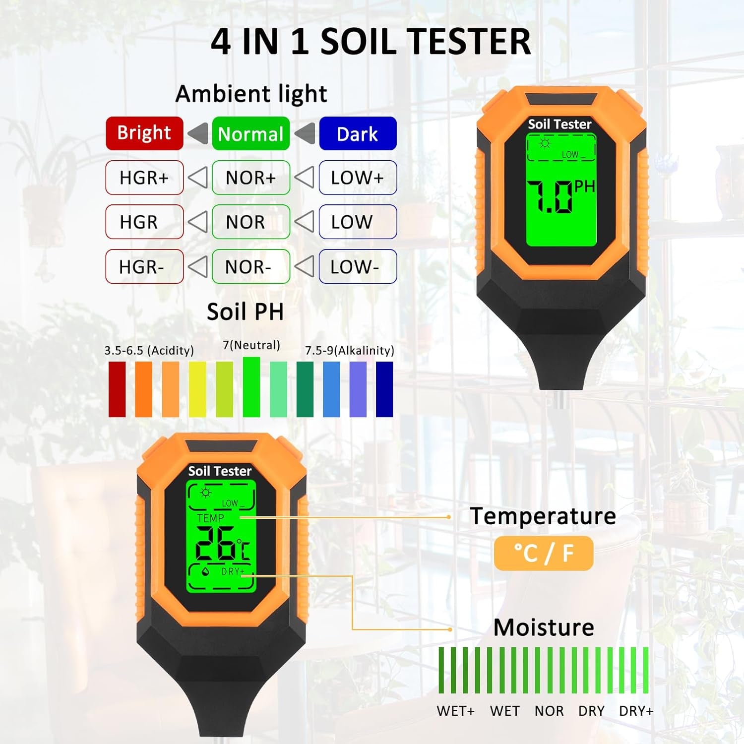 4-In-1 Soil Moisture Meter Digital PH Meter/Soil Moisture/Plant Temperature/Sunlight Intensity, Backlight LCD Display, Soil Test Meter for Garden, Lawn, Plant Care, Farm and Indoor Outdoor Plants