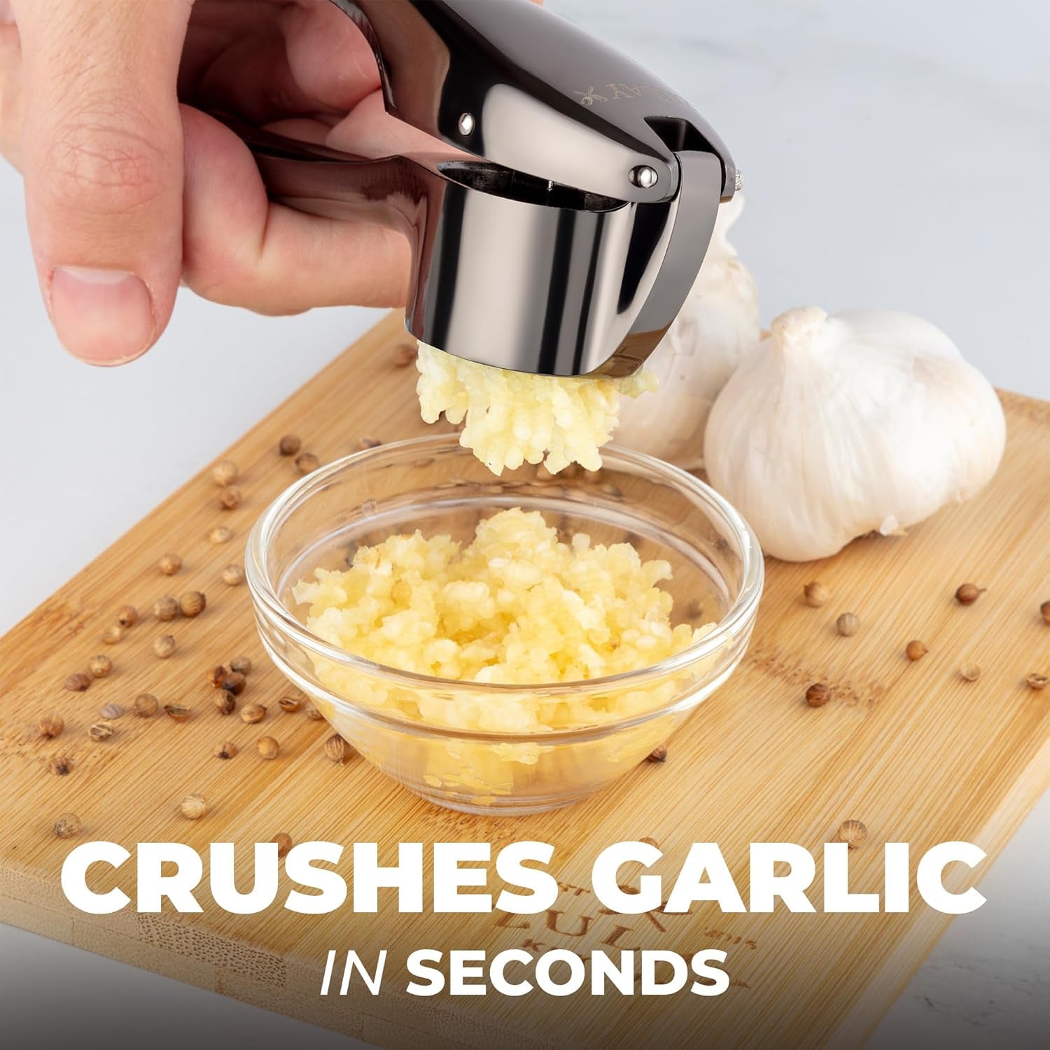 Large Premium Garlic Press Set – Rust Proof & Dishwasher Safe, Bigger Bowl Garlic Mincer Tool with Silicone Garlic Peeler & Brush, Easy Squeeze & Clean, Ergonomic Handle - Dark Gray