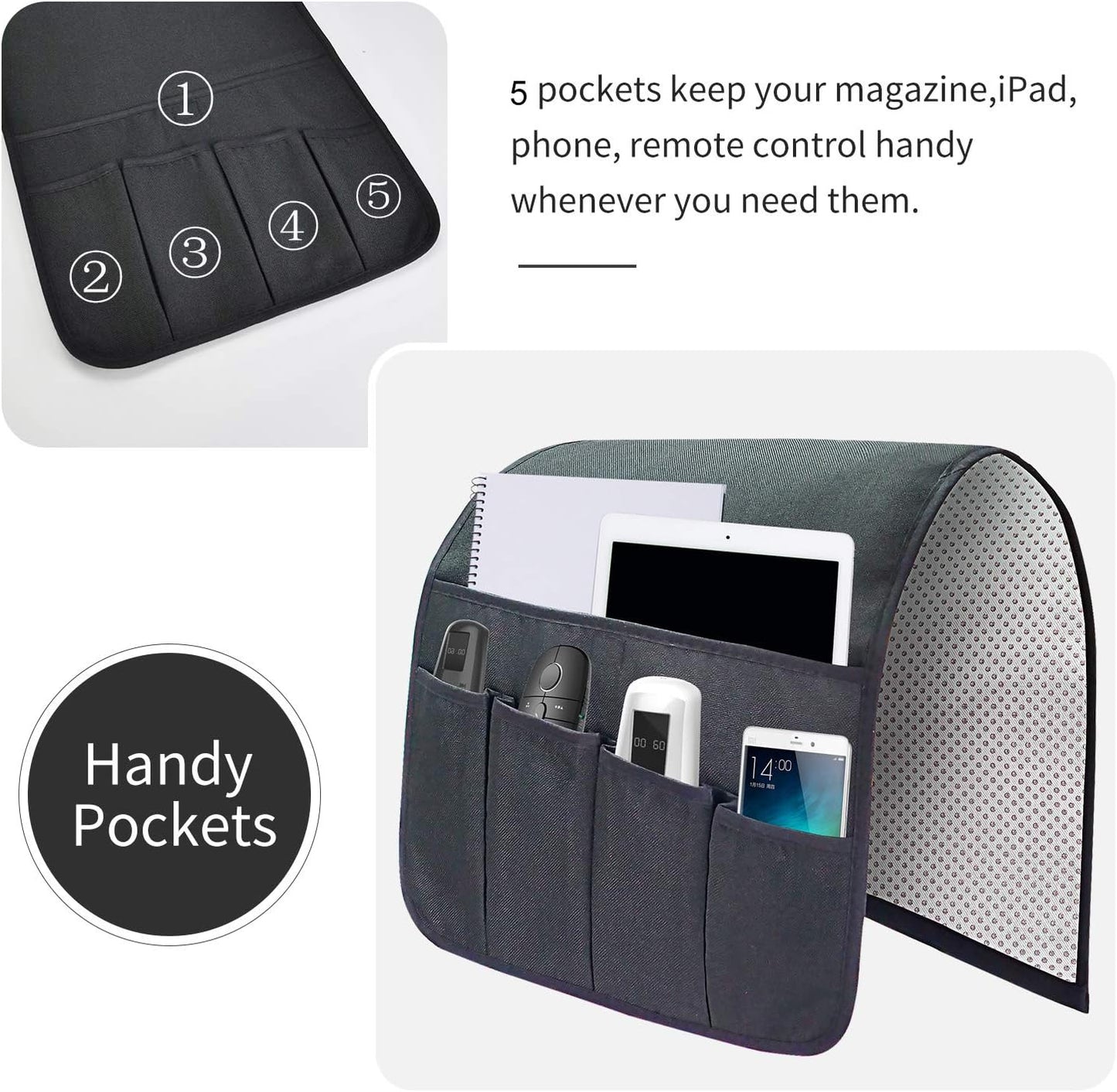 Sofa Armrest Organizer, Remote Control Holder for Recliner Couch, Arm Chair Caddy with 5 Pockets for Magazine, Tablet, Phone, Ipad