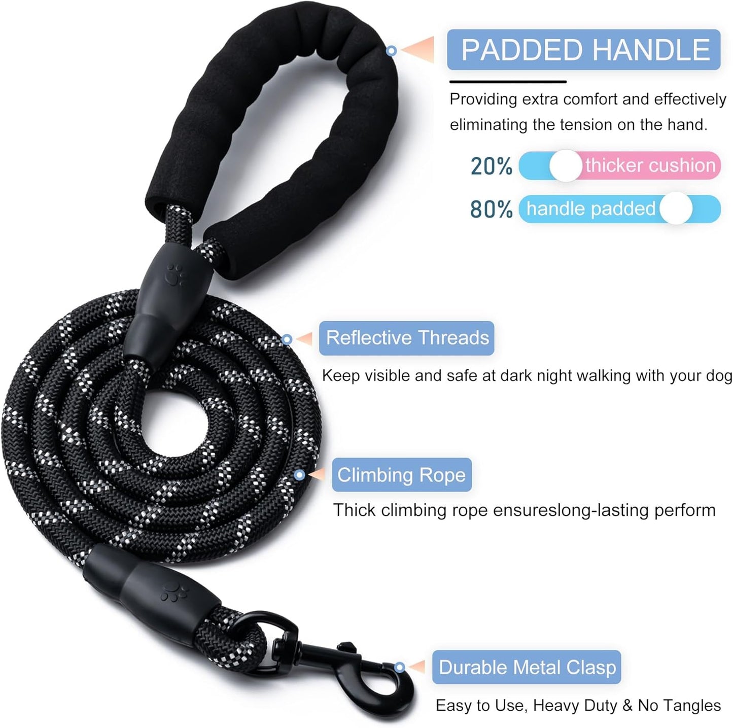 2 Pack Dog Leash, 4/5//6 FT Heavy Duty Nylon Rope Pet Leashes with Comfortable Padded Handle, Reflective Dog Leashes for Small Medium and Large Dogs (4Ft-1/2,Black/Black)