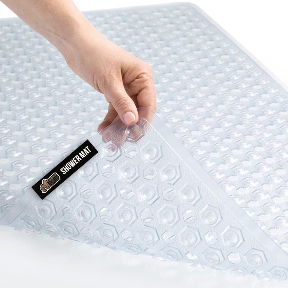Patented Bath Tub Shower Mat, Machine Washable Bathtub Floor Liner Mats, Suction Cups and Drain Holes to Keep Tubs Clean, Soft on Feet, Bathroom Essentials, 35X16 Inch, Clear