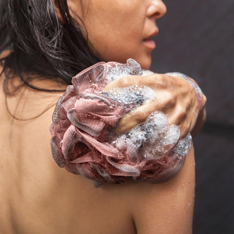 Loofah Back Scrubber for Shower | Bamboo Charcoal Fiber Infused | Loufas for Men & Women | Includes 1 Long Handled Shower Sponge, 1 Bath & Shower Luffa Pouf & 1 Hook to Hang Stuff (Rose Pink)