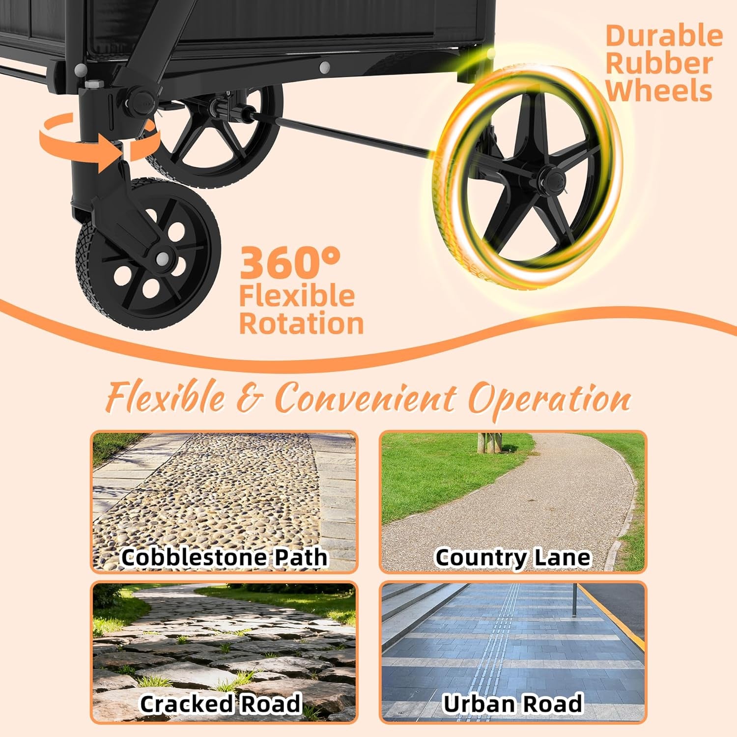 Grocery Cart on Wheels with Adjustable Handle, Waterproof Bag, 10-Min Assembly Heavy-Duty Foldable Shopping Cart for Apartments, Laundry, Camping, Max Load 320 LBS, Black